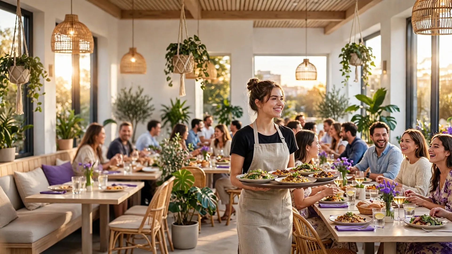 A smiling server carries plates through a bright, busy restaurant