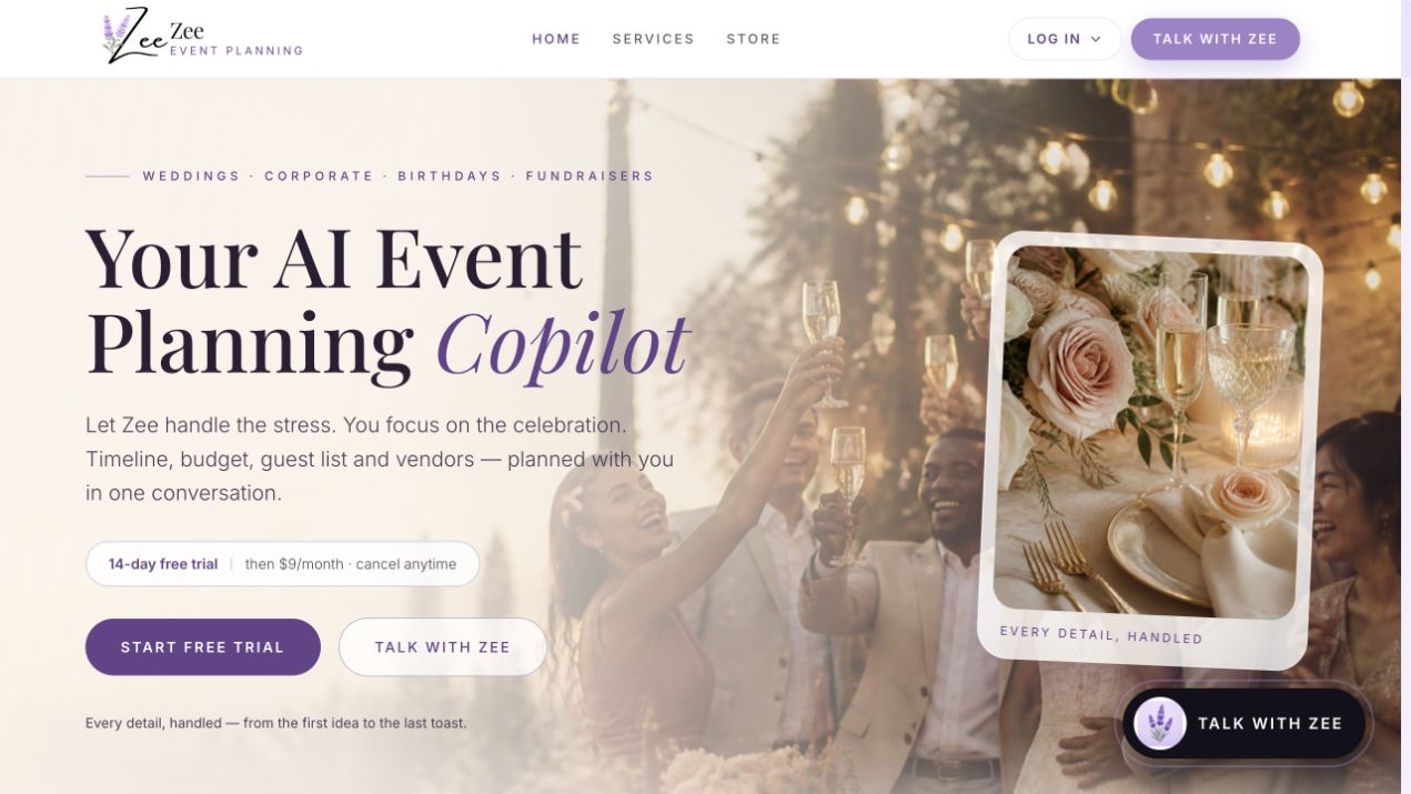 Zee Events website built by Onixus, showing its event-planning homepage
