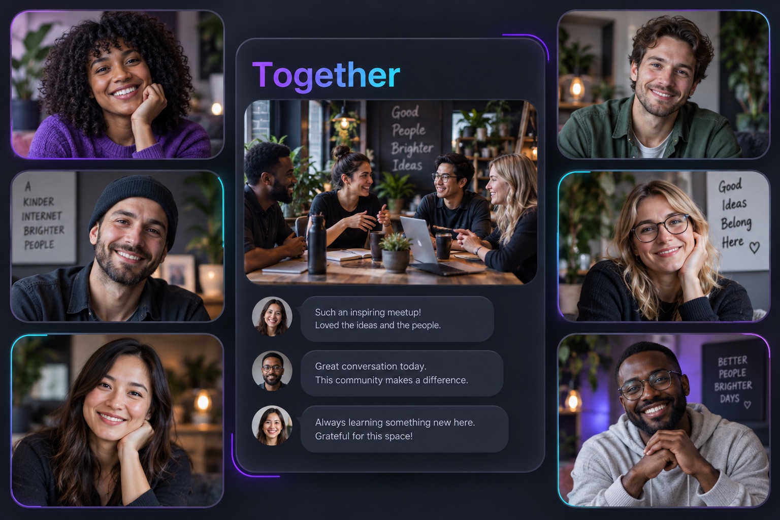 Community concept with fictional member portraits, a creative meetup and example conversations