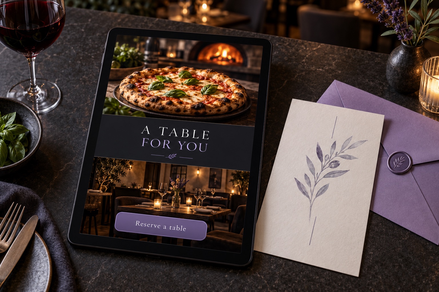 Restaurant email campaign concept with a seasonal pizza photograph, dining room invitation and reservation button