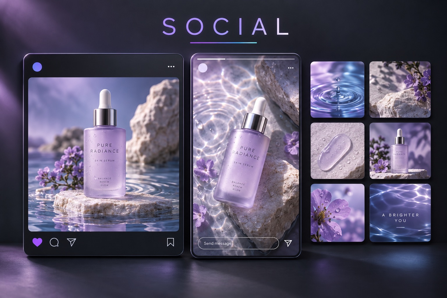 Social campaign concept with skincare photography across a feed post, story and matching creative tiles