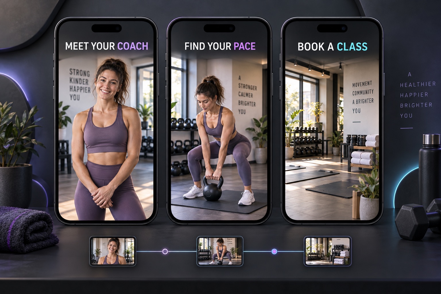 Fitness studio video ad storyboard showing a fictional coach, kettlebell exercise and a class invitation